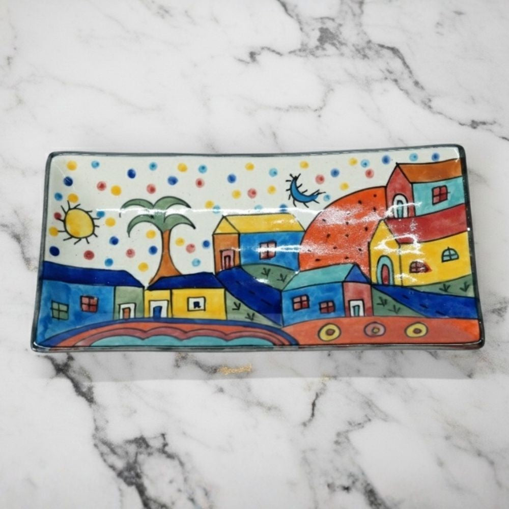 turkish ceramic rectangular platter with colorful artistic design for serving snacks and appetizers